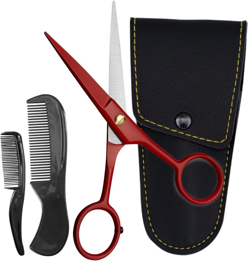 Ontaki 5" Beard Moustache Scissors Professional German Steel 2 Comb Carrying Pouch Mustache Trimming - Hand Forged Bevel Edge Precision Men Facial Hair Grooming Kit All Body Hair (True Red) - Image 1