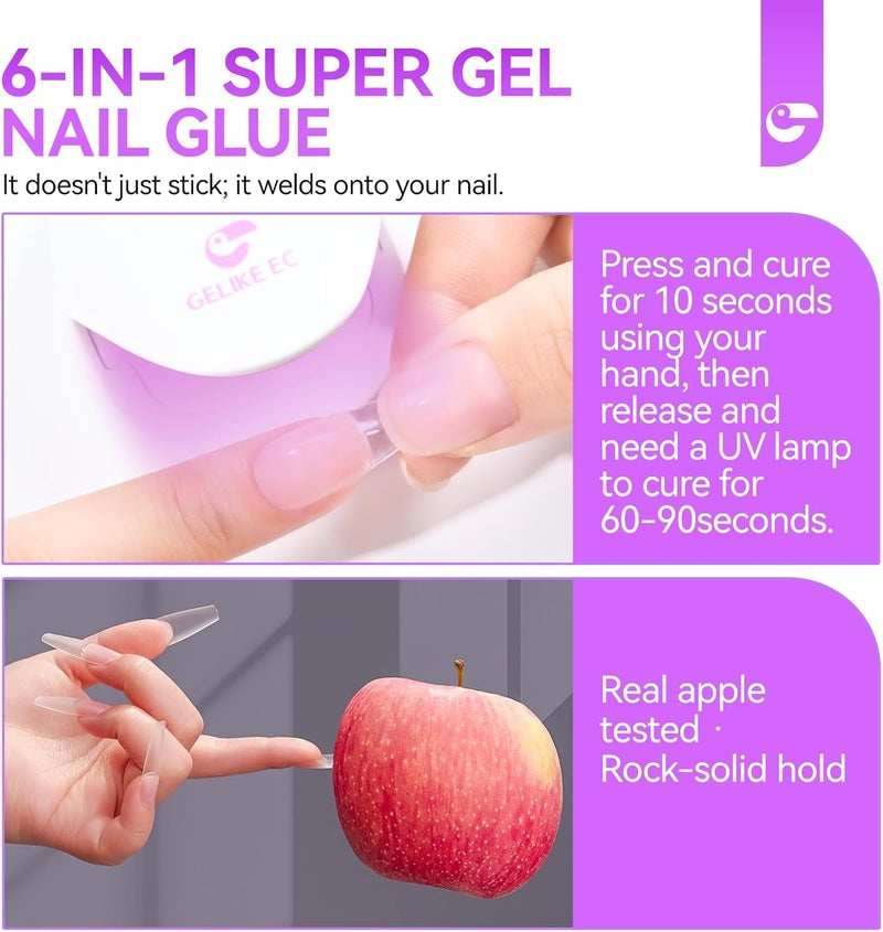 gelike ec Gel Nail Glue UV Light: 6 in 1 Adhesive Gel Nail Polish, Strong Nail Glue For Press On Nails Nails Acrylic Tips, Long Last - Nail Art Gift for Home Salon Beginner DIY - Image 4