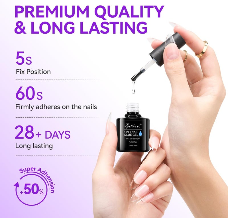 gelike ec Gel Nail Glue UV Light: 6 in 1 Adhesive Gel Nail Polish, Strong Nail Glue For Press On Nails Nails Acrylic Tips, Long Last - Nail Art Gift for Home Salon Beginner DIY - Image 2
