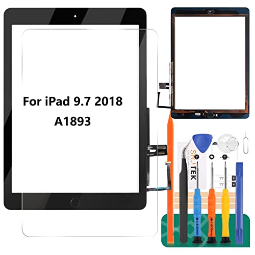 SRJTEK شاشة لمس لجهاز iPad 9.7 2018 لجهاز iPad 6 بديل شاشة 6 الجيل A1893 A1954 زجاج أمامي مع مستشعر مثبت لاصق + أدوات + زجاج مقسى (مع زر الصفحة الرئيسية) (أسود) - Image 1