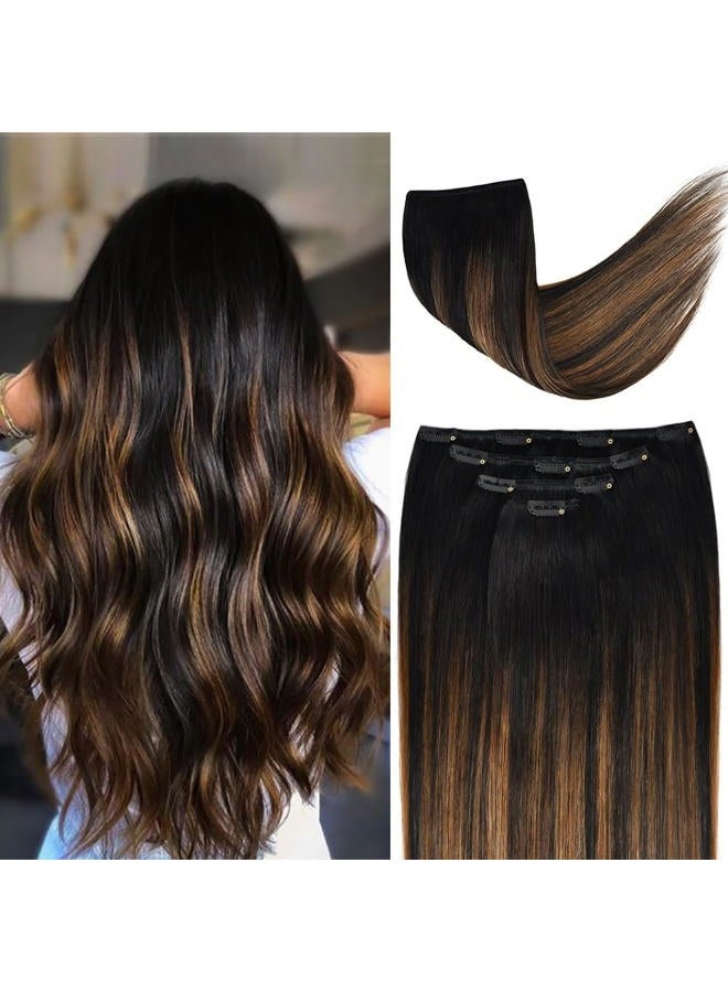 Winsky 20" Hair Extensions Balayage Clip in Human Hair for Women - Silky Straight Natural Black to Chestnut Brown Highlight Black Ombre Hair 75grams 4pieces #(1BT6) P1B Color - Image 1