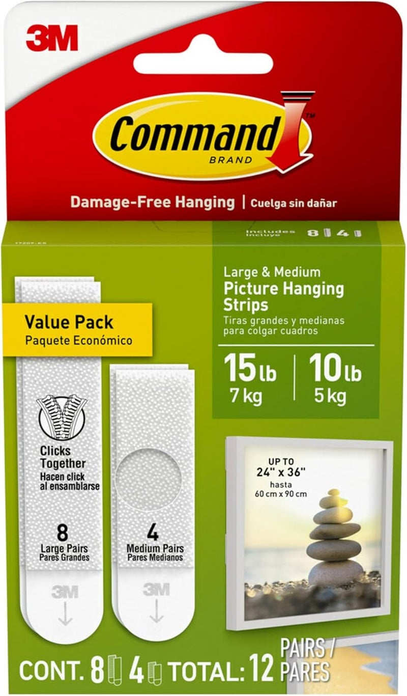 Command Picture Medium and Large Hanging Strips (8M + 4L) | Holds 7.2 kg whole pack | White color | Heavy Duty| Organize | Decoration | No Tools | Holds Strongly | Damage-Free Hanging | 12 pairs/pack - Image 1
