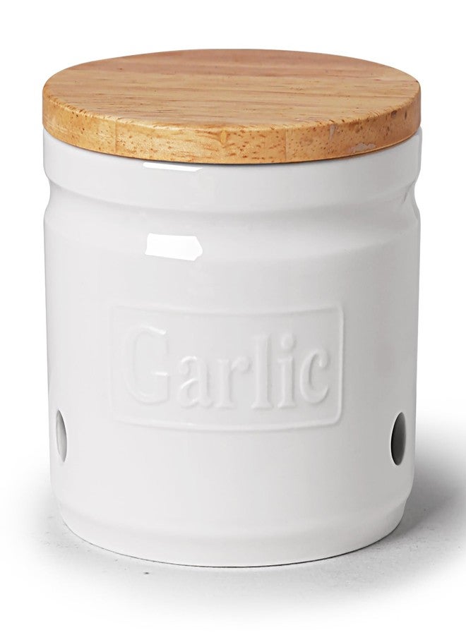 ONTUBE Garlic Keeper with Wooden Lid, Ceramic Garlic Holder Storage, Garlic Container for Kitchen, Garlic Saver to Keep Your Garlic Cloves Fresh Longer 4 Inch, White - Image 1