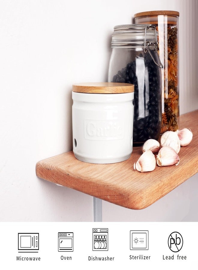ONTUBE Garlic Keeper with Wooden Lid, Ceramic Garlic Holder Storage, Garlic Container for Kitchen, Garlic Saver to Keep Your Garlic Cloves Fresh Longer 4 Inch, White - Image 4