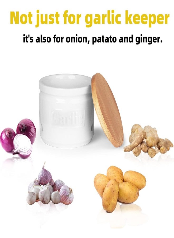 ONTUBE Garlic Keeper with Wooden Lid, Ceramic Garlic Holder Storage, Garlic Container for Kitchen, Garlic Saver to Keep Your Garlic Cloves Fresh Longer 4 Inch, White - Image 3