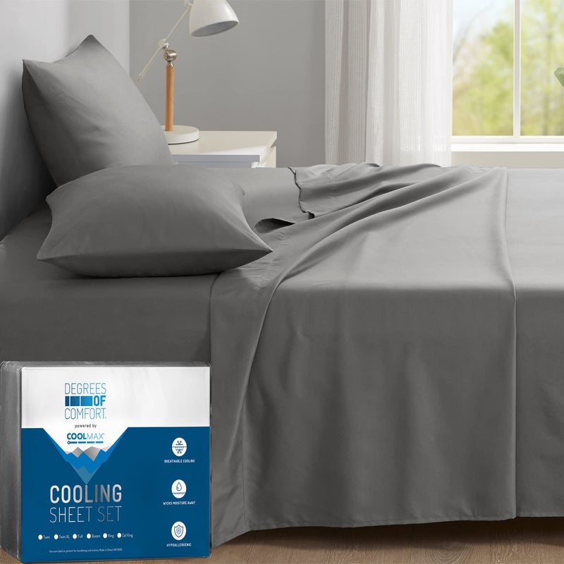 Degrees of Comfort Coolmax Cooling Sheet Set for Full Size Bed, Moisture Wicking for Night Sweats Best Comfort, Cool Sheets for Hot Sleepers During Warm Weather with Deep Pocket, Grey-4PC - Image 1