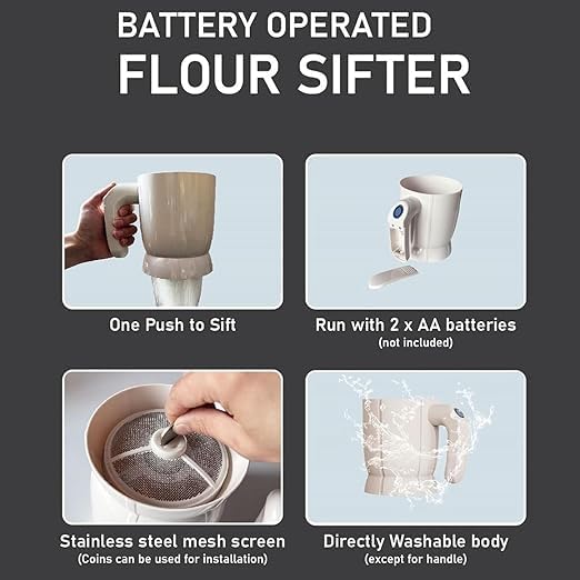 ENNCOZY Battery Operated Flour Sifter Electric Flour Sifter with Handle Flour Sieve for CookingBaking Tool Accessories Handheld Kitchen Gadget Pack of 1Multicolor - Image 3