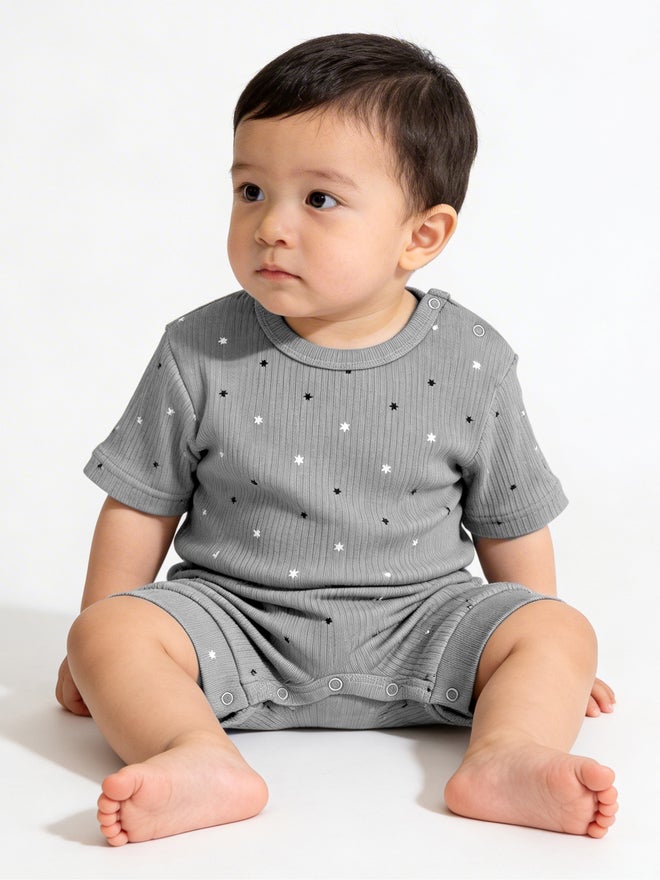 Babies Basic Premium Ribbed Cotton Short Sleeves Printed Romper - Image 1