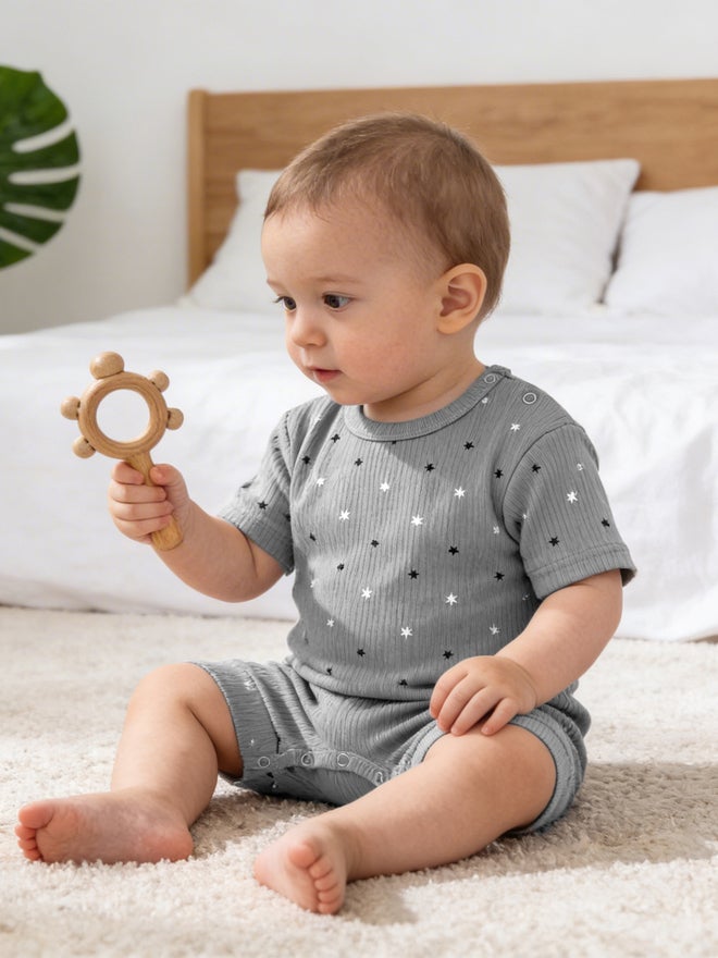 Babies Basic Premium Ribbed Cotton Short Sleeves Printed Romper - Image 3
