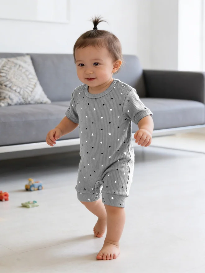 بابيز_بيسك Babies Basic Premium Ribbed Cotton Short Sleeves Printed Romper