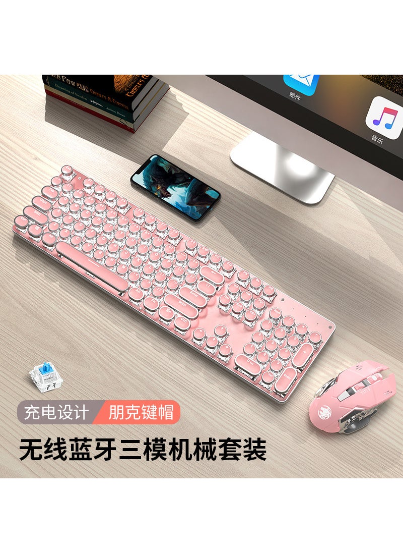 Generic - TK950 Bluetooth Mechanical Gaming Keyboard Mouse Combo Pink [white light-green shaft] Wireless wired Bluetooth three-mode punk version + Wireless Mouse Pink [white light-green shaft] Wireless wired Bluetooth three-mode punk version + Wireless Mouse - Image 1