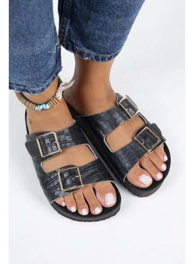 Manijero  Anjelic Croco Women's Genuine Leather Double-Strap Black Slipper. for Women | Best Price UAE