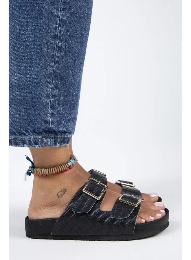 Manijero  Anjelic Croco Women's Genuine Leather Double-Strap Black Slipper. for Women | Best Price UAE