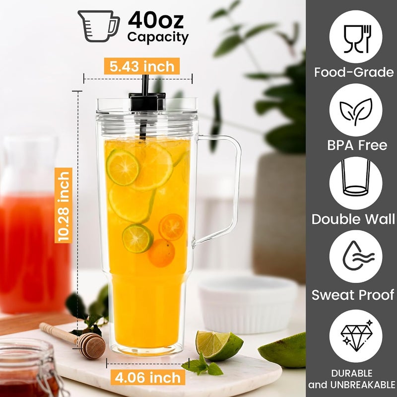 Icesip 40 oz Tumbler with Handle and Straw Double Wall Reusable Plastic Clear Tumbler with Black Lid Acrylic Iced Coffee Cups Water Travel Mug - Image 2