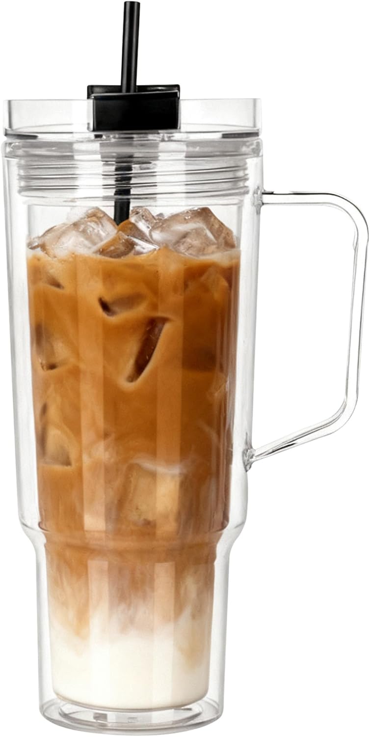 Icesip 40 oz Tumbler with Handle and Straw Double Wall Reusable Plastic Clear Tumbler with Black Lid Acrylic Iced Coffee Cups Water Travel Mug - Image 1
