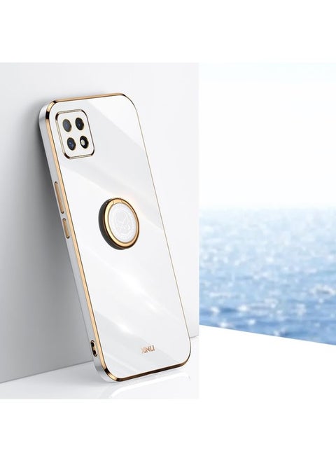 Case Cover For OPPO A53 XINLI Straight 6D Plating Gold Edge TPU Shockproof Case with Ring Holder White