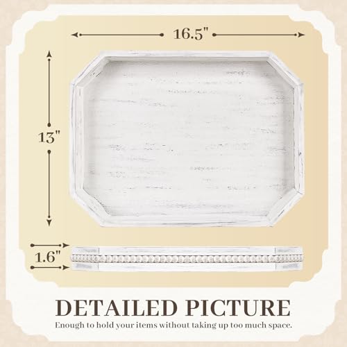 CEDARLUX Wooden Decorative Tray Rustic Serving Tray with Wood Bead Farmhouse Big Tray for Ottoman Countertop Coffee Tabl 165 x 13x 16 Retro White - Image 3