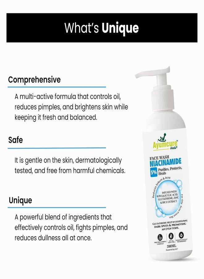 Ayumcure 5% Niacinamide Face Wash 200g | with 0.5% Salicylic Acid, Glutathione, Zinc & Rice Extract | Anti-Acne, Brightening Cleanser for Combination & Oily Skin | Unisex Daily Face Wash (Pack of 2) - Image 5