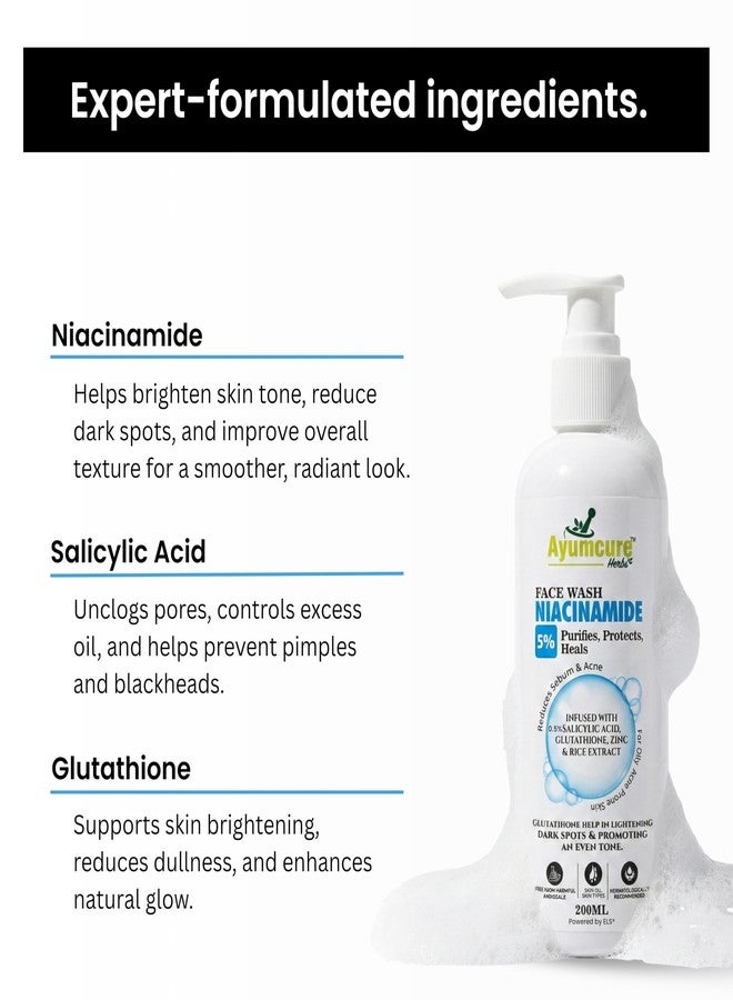 Ayumcure 5% Niacinamide Face Wash 200g | with 0.5% Salicylic Acid, Glutathione, Zinc & Rice Extract | Anti-Acne, Brightening Cleanser for Combination & Oily Skin | Unisex Daily Face Wash (Pack of 2) - Image 4
