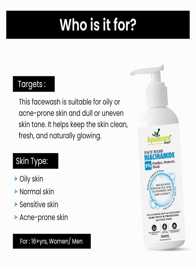 Ayumcure 5% Niacinamide Face Wash 200g | with 0.5% Salicylic Acid, Glutathione, Zinc & Rice Extract | Anti-Acne, Brightening Cleanser for Combination & Oily Skin | Unisex Daily Face Wash (Pack of 2) - Image 3