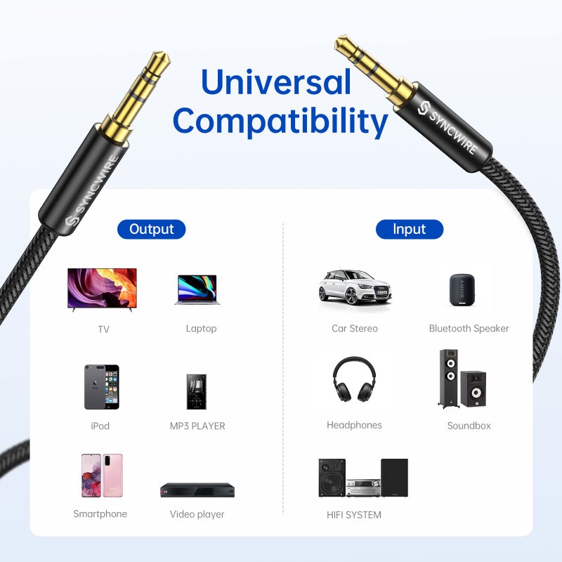 SYNCWIRE 3.5mm Aux Cable (9.8ft/3m) Hi-Fi Sound Nylon Braided Auxiliary Audio Cable Adapter Male to Male AUX Cord for Headphones, Car, Home Stereos, Speaker, iPhone, iPad, iPod, Echo & More Black - Image 5