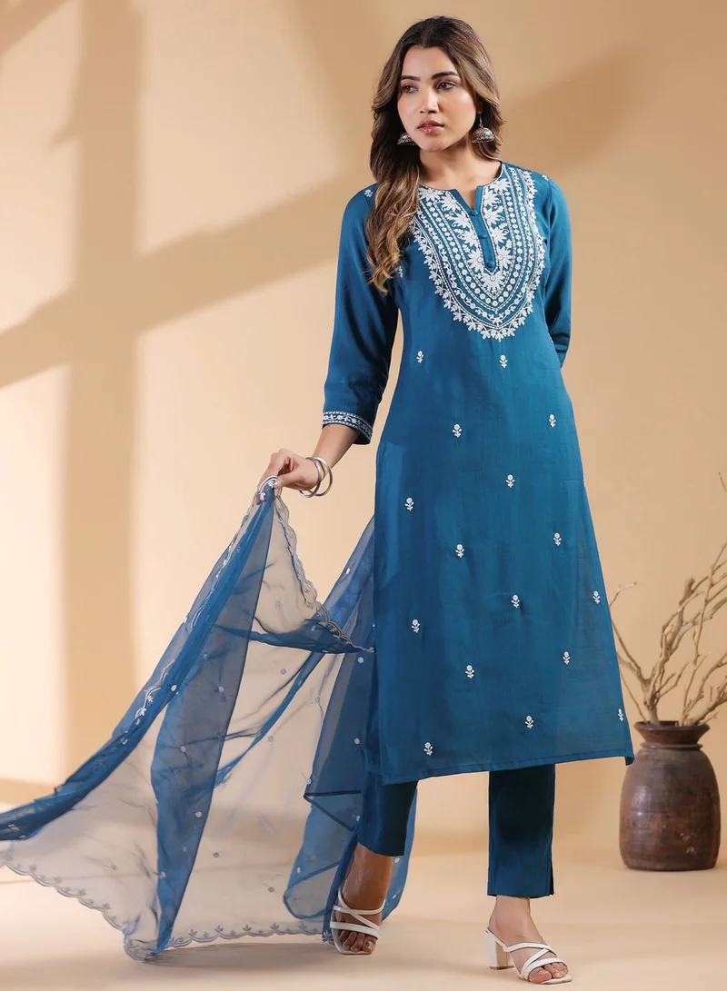 kolaba Teal Chinnon Embroidred Kurta 3Pc Set