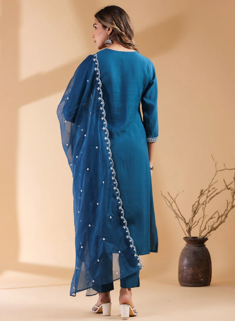 kolaba Teal Chinnon Embroidred Kurta 3Pc Set