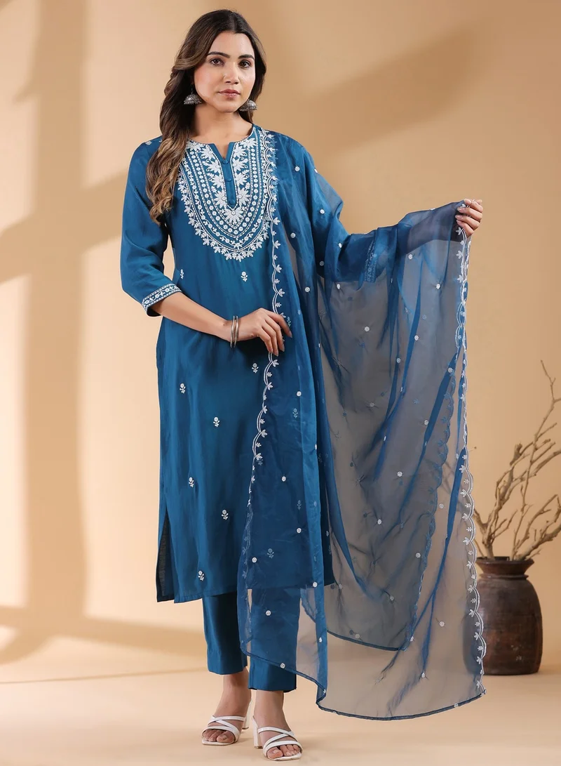 kolaba Teal Chinnon Embroidred Kurta 3Pc Set