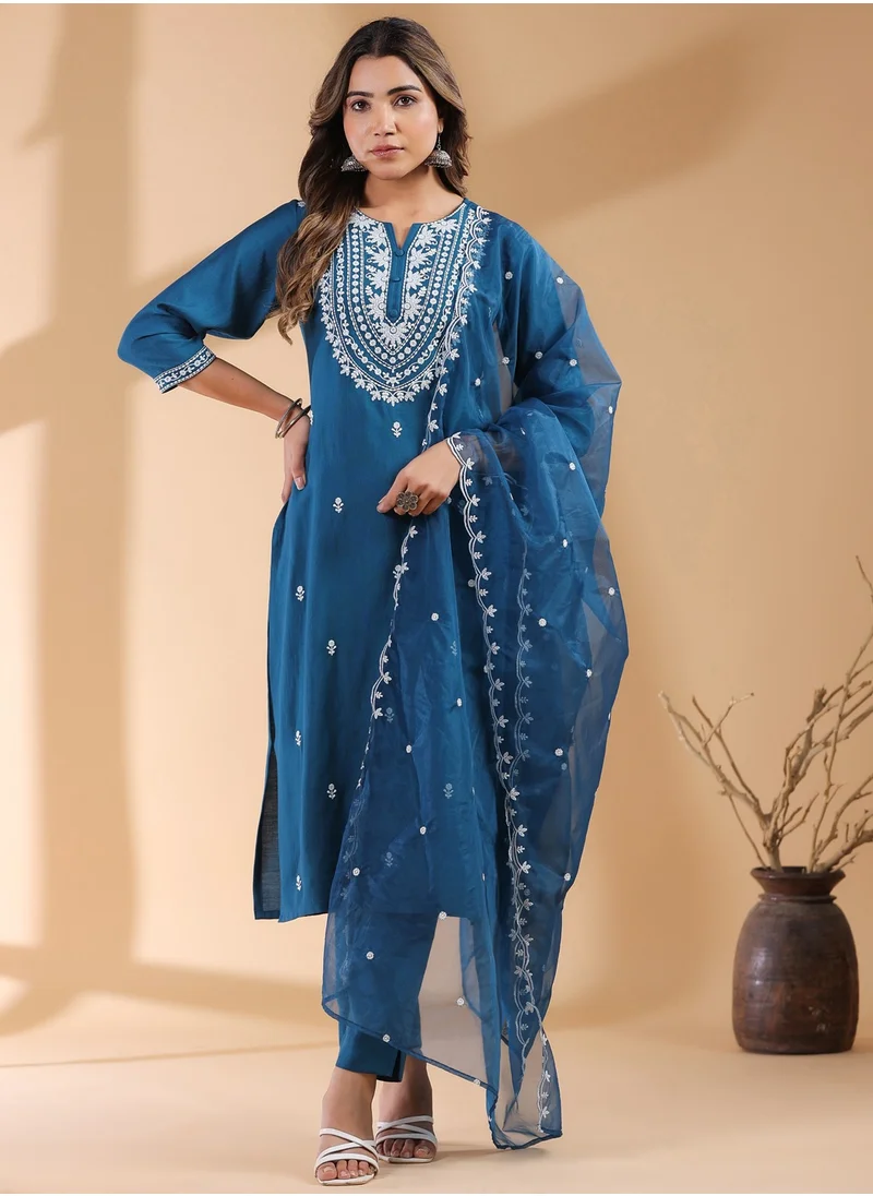 كولابا Teal Chinnon Embroidred Kurta 3Pc Set