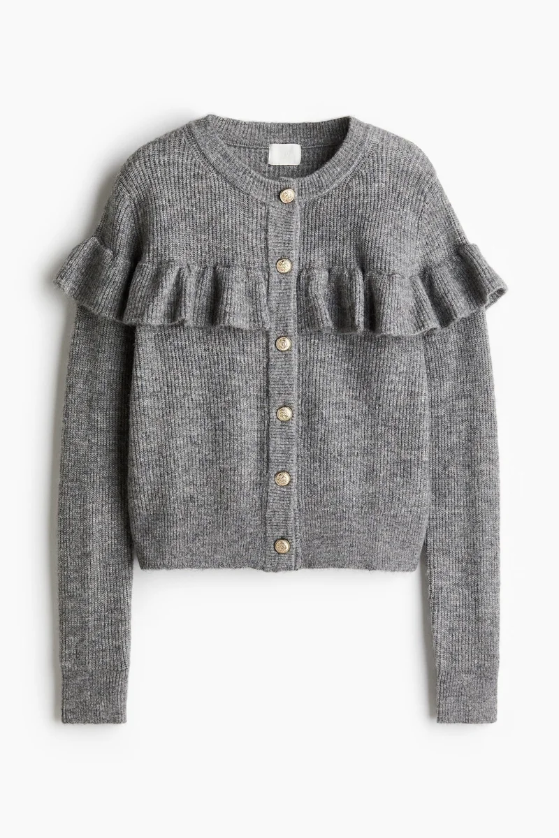 H&M Frill-Trimmed Rib-Knit Cardigan