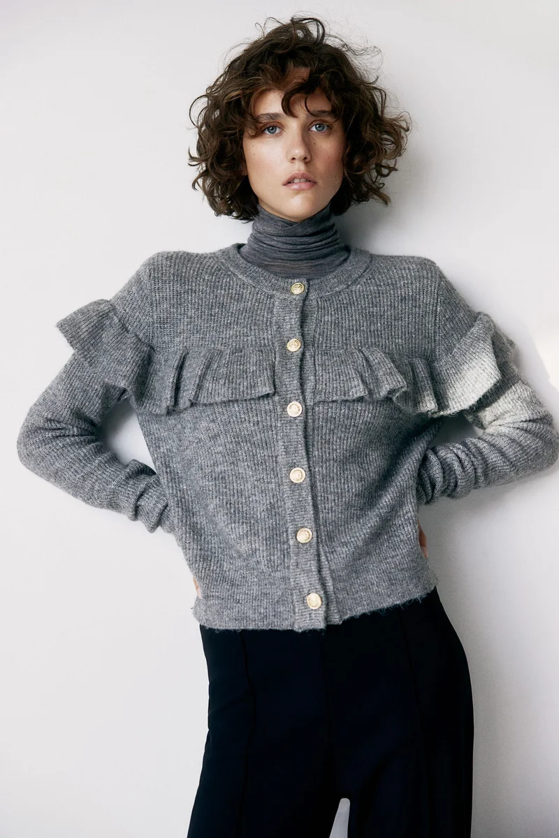 H&M Frill-Trimmed Rib-Knit Cardigan