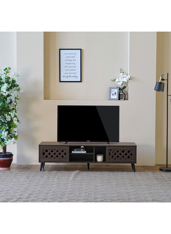 DANUBE HOME خزانة تلفزيون كومو حتى 55 بوصة، وحدة تلفزيون حائطية ترفيهية، حامل تلفزيون خشبي، طاولة وحدة تحكم وسائط لغرفة المعيشة، مقاس L 160x40x44.5 سم، لون الجوز  - Image 1