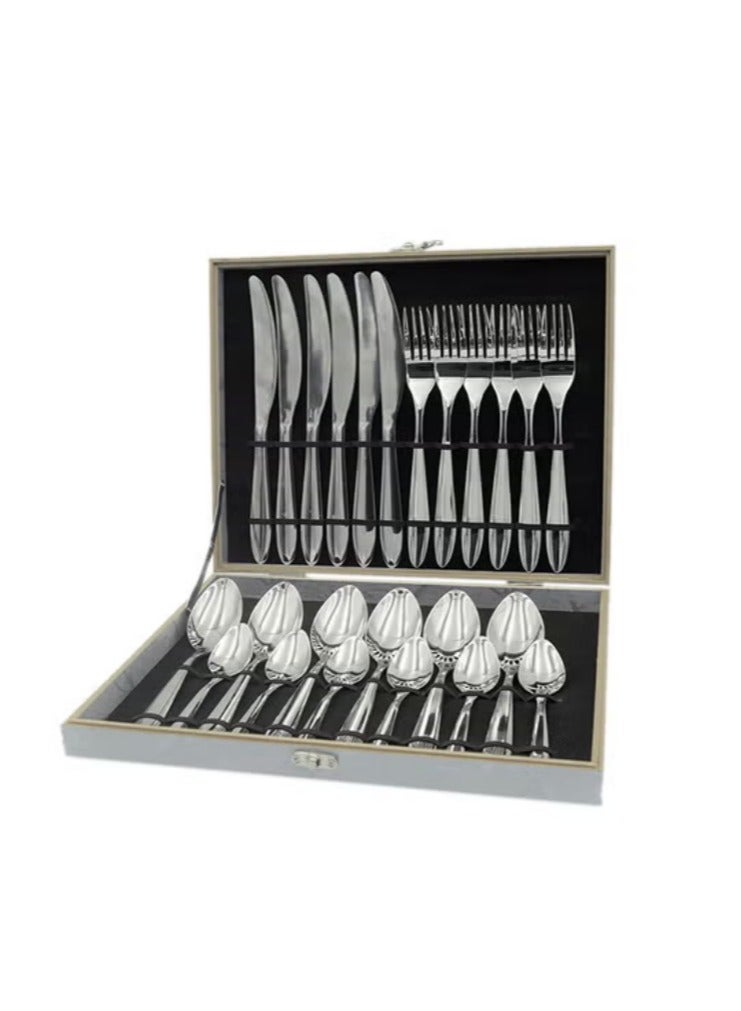 طقم أدوات المائدة مكون من 24 قطعة من الفولاذ المقاوم للصدأ، طقم أدوات مائدة مسطح، 6 لكل من السكين، الملعقة، الشوكة، الملعقة الصغيرة، طقم أدوات مائدة لمتعددة الأشخاص فضي 32x26x5 سم - Image 2