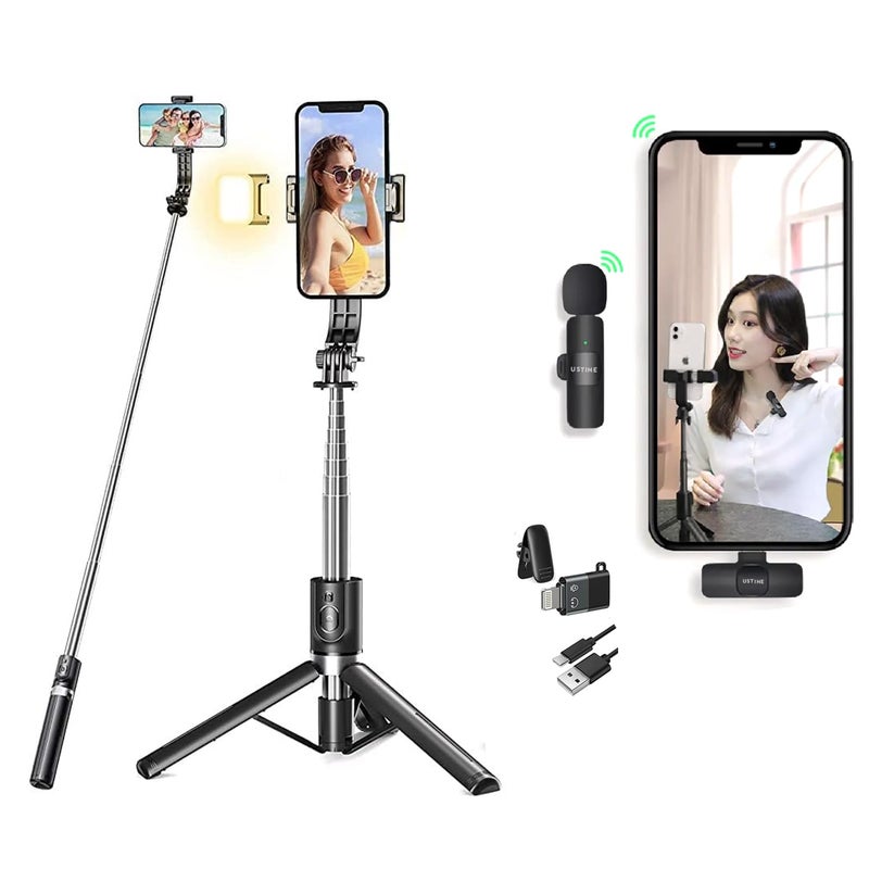 USTINE ® SnapX1s L Vlogging Kit with Fill Light & Wireless Mic | 3-in-1 170cm Extendable Selfie Stick Tripod with Bluetooth Remote + K8 Mic for YouTube, Reels & Vlogs (Android/iPhone) - Image 1