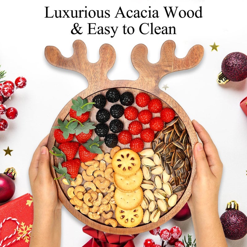 Renawe Decor Christmas Dinner Plate 12x10 Wooden Cheese Charcuterie Board Xmas Cookies Platter Wood Salad Charger Plates for Christmas Holiday Festive Serving Dish Decorative Round Dessert Trays - Image 3