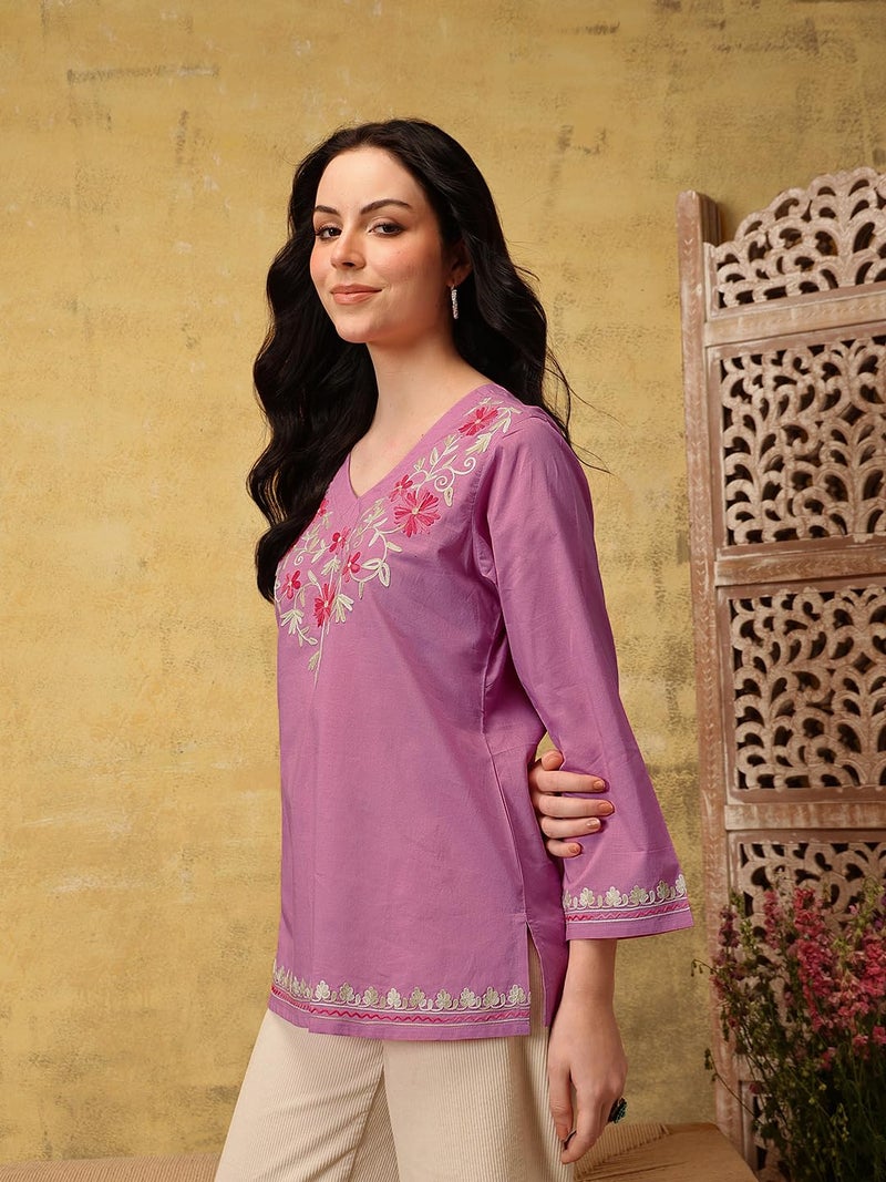 QAZMI Women's Nafisa Pure Cotton Kashmiri Aari Work V-Neck Pink Kurti_L - Image 2