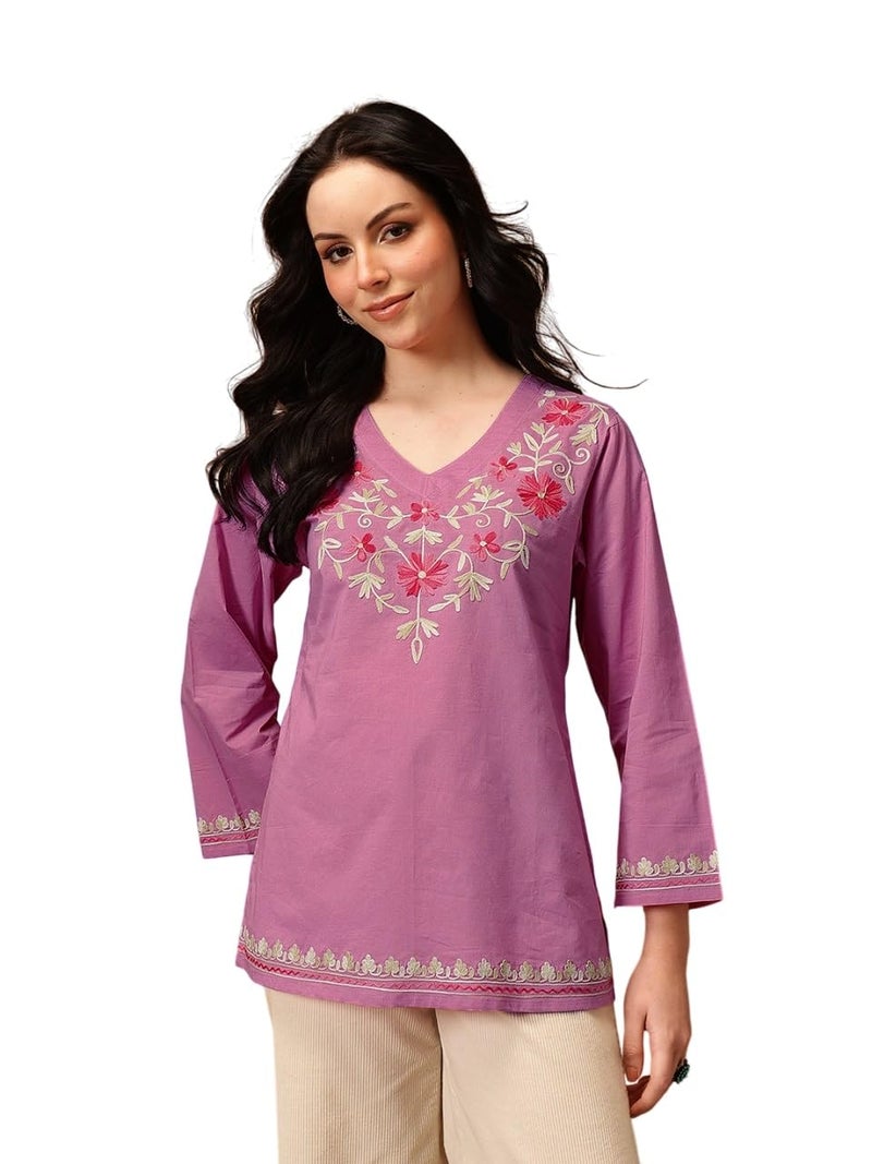 QAZMI Women's Nafisa Pure Cotton Kashmiri Aari Work V-Neck Pink Kurti_L - Image 1