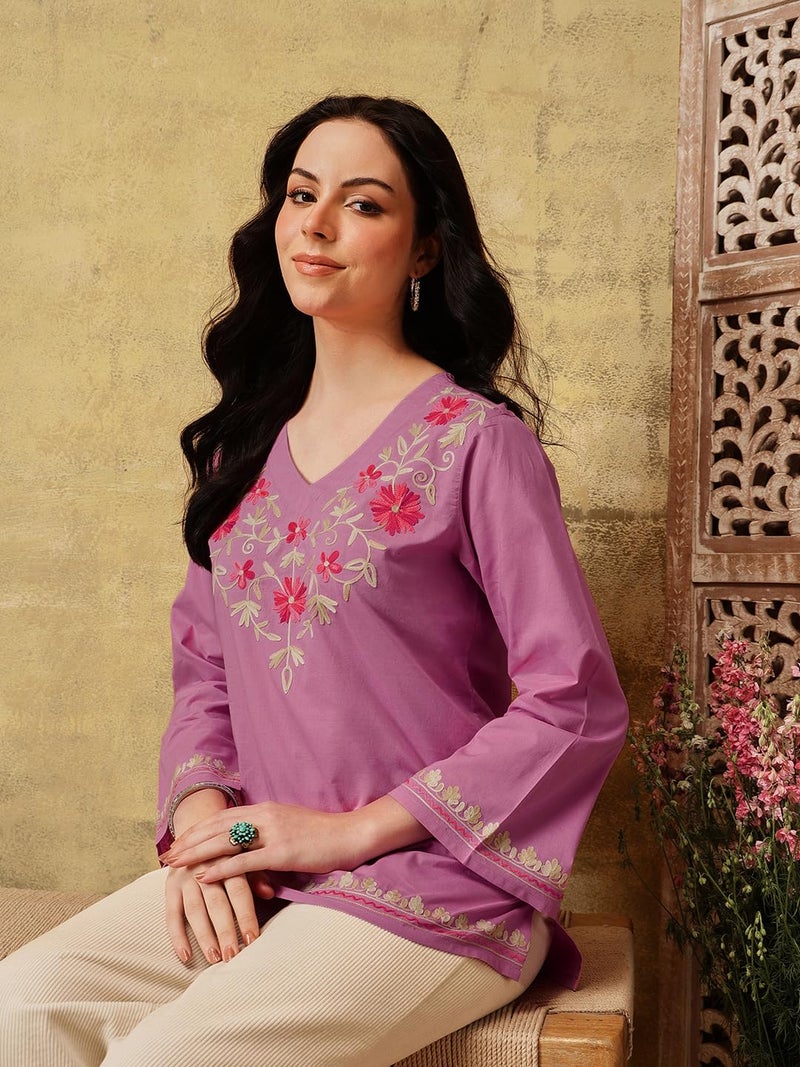 QAZMI Women's Nafisa Pure Cotton Kashmiri Aari Work V-Neck Pink Kurti_L - Image 3