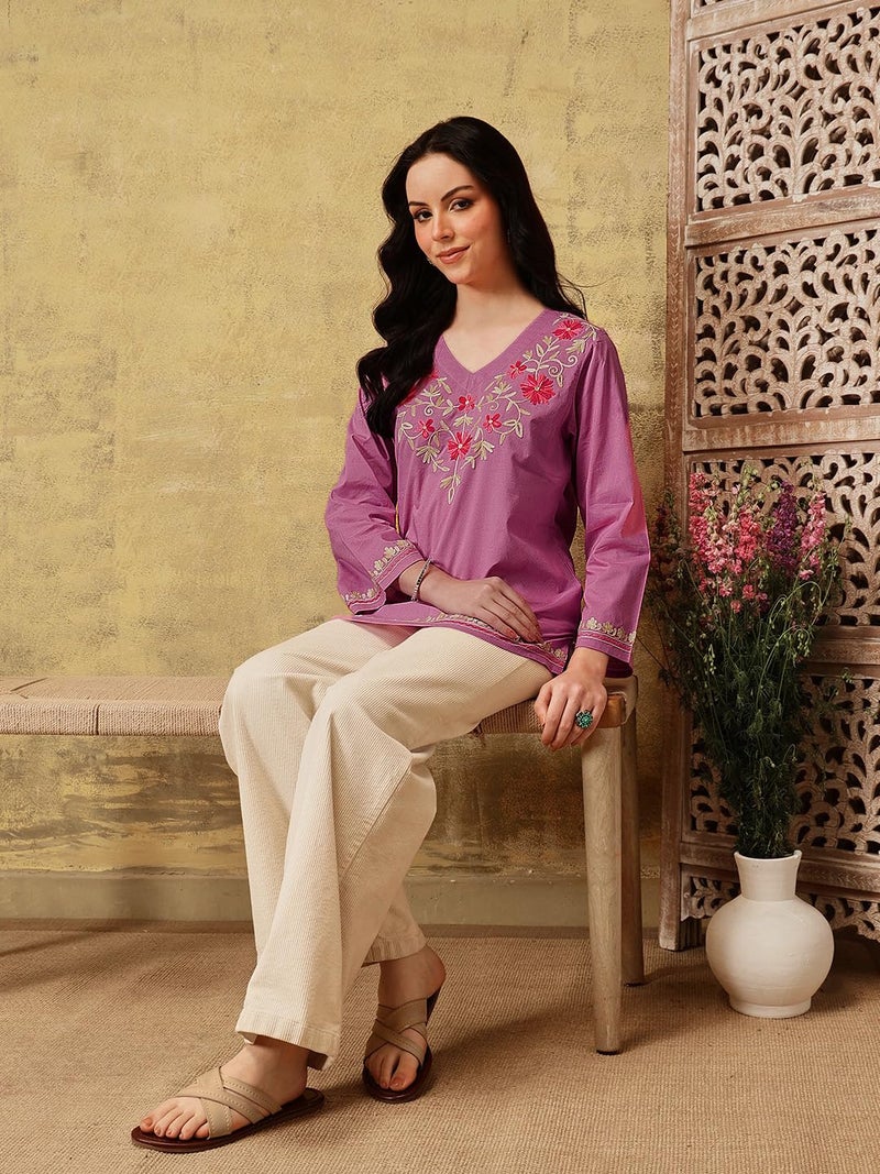 QAZMI Women's Nafisa Pure Cotton Kashmiri Aari Work V-Neck Pink Kurti_L - Image 5
