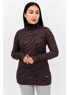 Women High Neck Long Sleeves Allover Print Blouse, Brown
