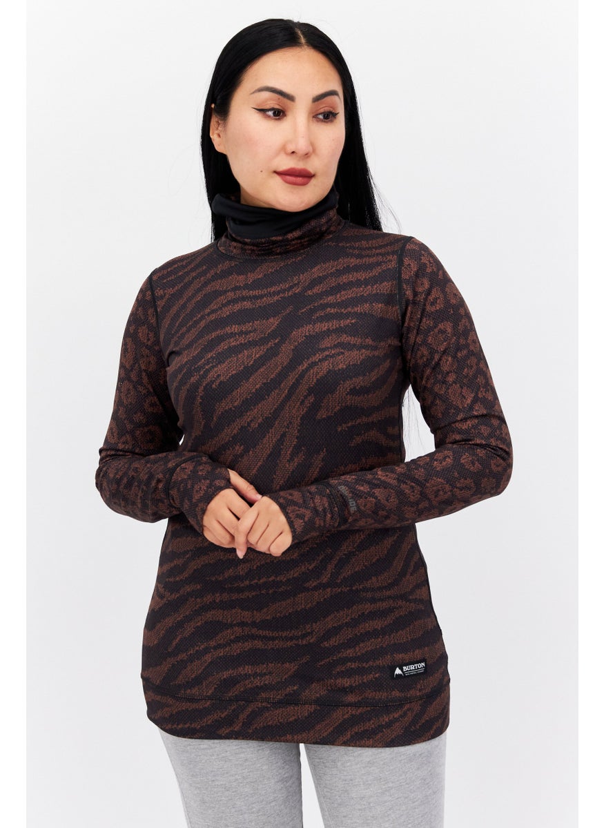 BURTON - Women High Neck Long Sleeves Allover Print Blouse, Brown - Image 1