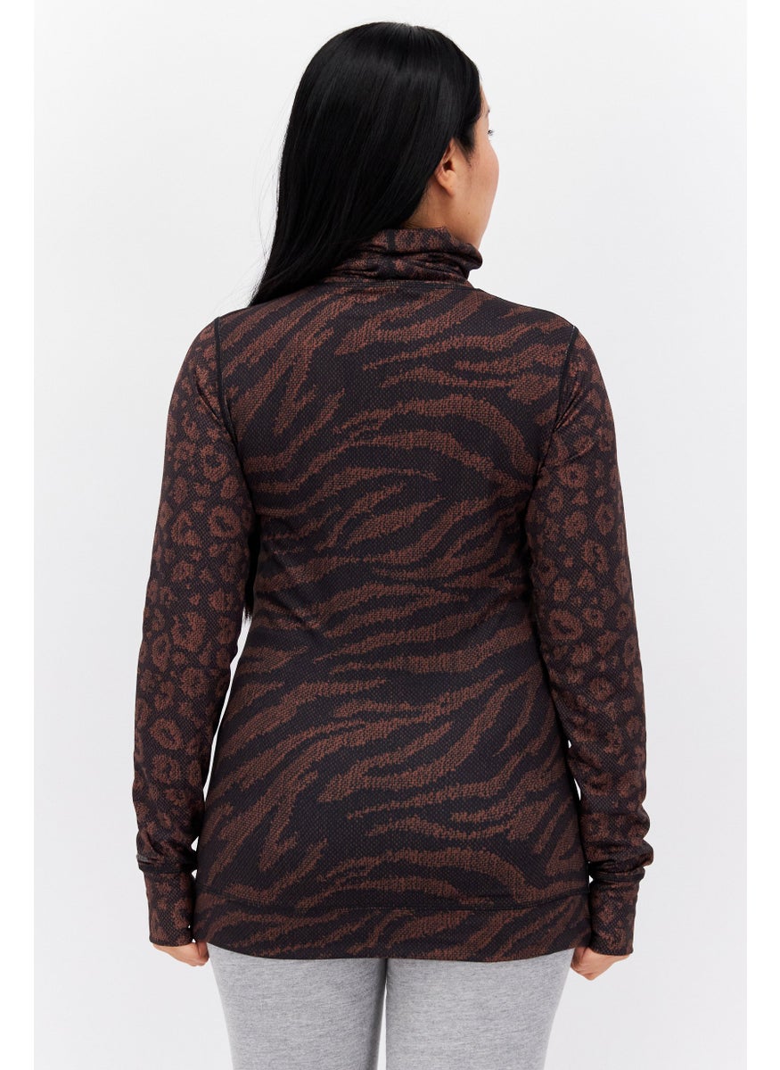 BURTON - Women High Neck Long Sleeves Allover Print Blouse, Brown - Image 1