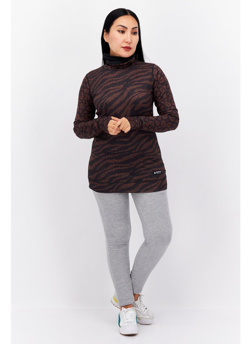BURTON - Women High Neck Long Sleeves Allover Print Blouse, Brown - Image 1