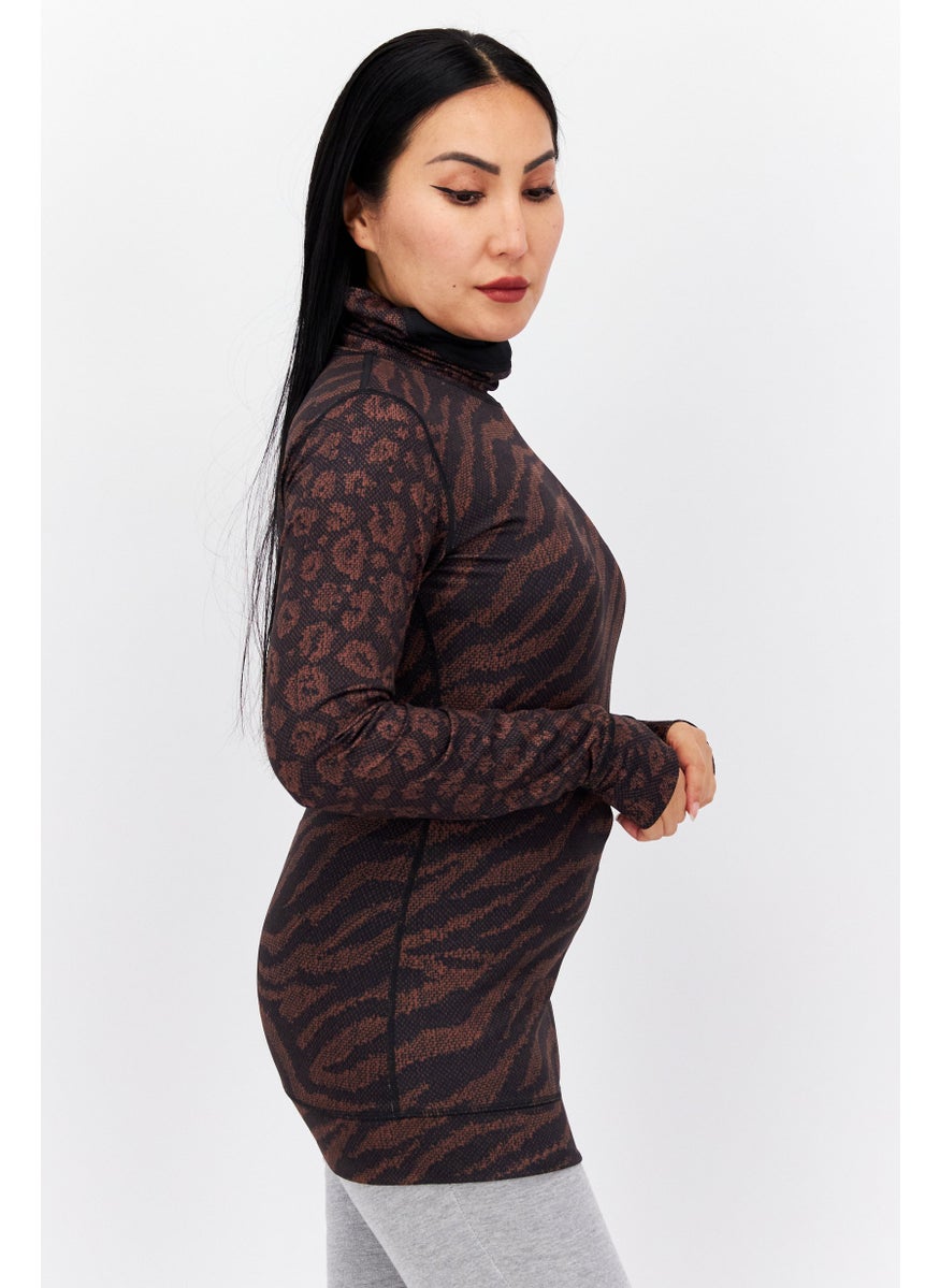 BURTON - Women High Neck Long Sleeves Allover Print Blouse, Brown - Image 1