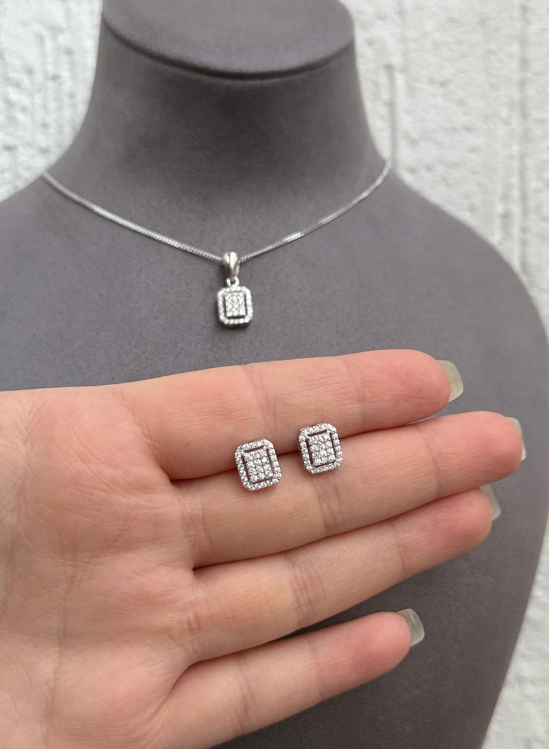 Al Kasr Jewelry Rectangular Pendant Necklace and Earrings Set - Modern Design - Sterling Silver 925 with Zircon Stones Plated Rhodium White Gold 18K - Image 3