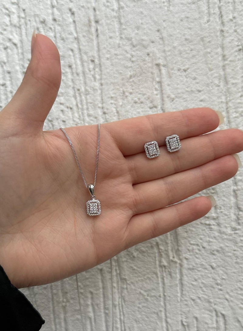 Al Kasr Jewelry Rectangular Pendant Necklace and Earrings Set - Modern Design - Sterling Silver 925 with Zircon Stones Plated Rhodium White Gold 18K - Image 2