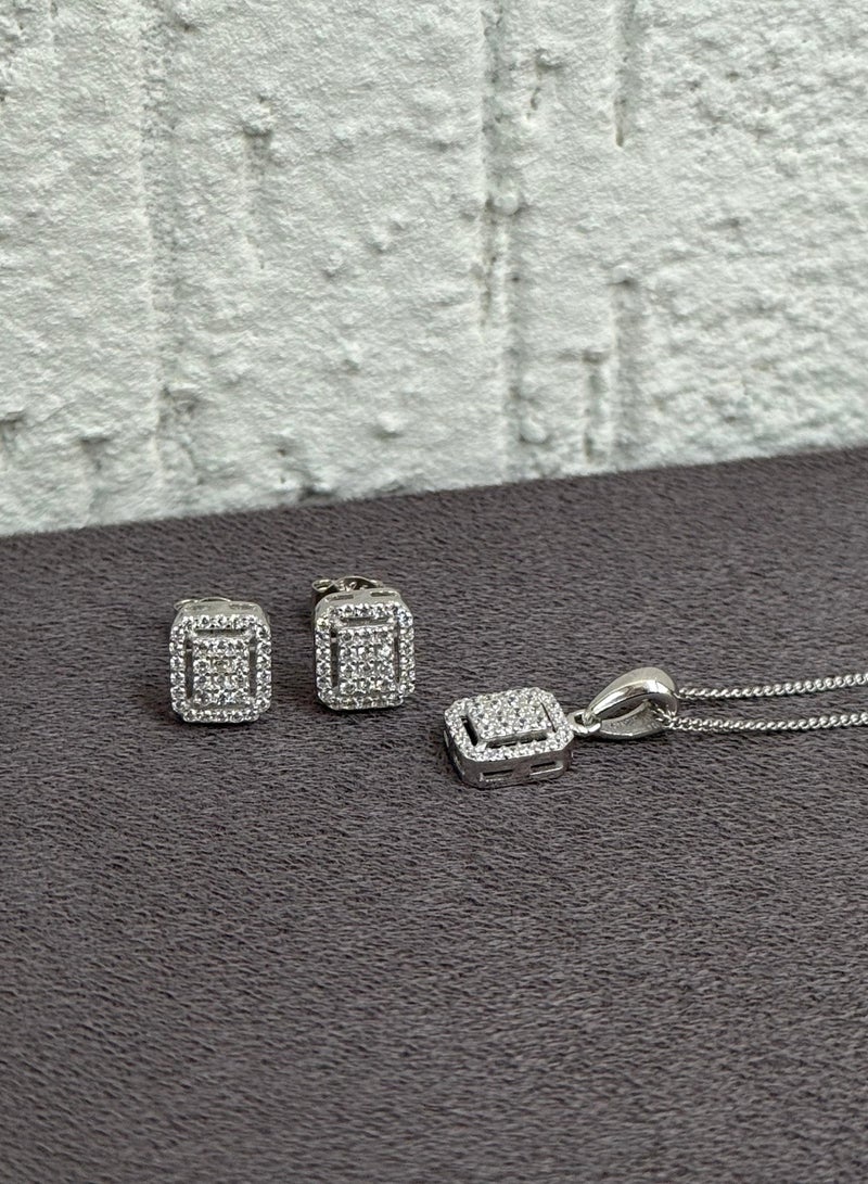 Al Kasr Jewelry Rectangular Pendant Necklace and Earrings Set - Modern Design - Sterling Silver 925 with Zircon Stones Plated Rhodium White Gold 18K - Image 1