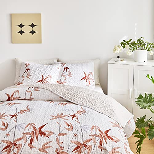 Flysheep Botanical Quilt Set 3 Pieces King, Burnt Orange Leaves on White Design Reversible Bedspread Coverlet Set, Soft Microfiber Lightweight Bed Cover for All Season (102" x 90", 1 Quilt+ 2 Pillow Shams) - Image 3