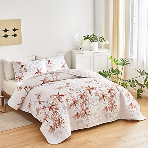 Flysheep Botanical Quilt Set 3 Pieces King, Burnt Orange Leaves on White Design Reversible Bedspread Coverlet Set, Soft Microfiber Lightweight Bed Cover for All Season (102" x 90", 1 Quilt+ 2 Pillow Shams) - Image 2