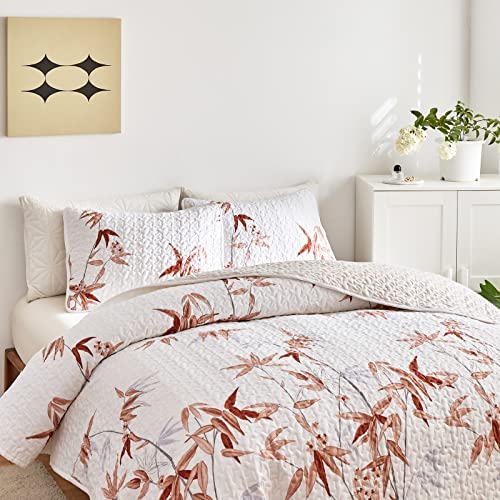Flysheep Botanical Quilt Set 3 Pieces King, Burnt Orange Leaves on White Design Reversible Bedspread Coverlet Set, Soft Microfiber Lightweight Bed Cover for All Season (102" x 90", 1 Quilt+ 2 Pillow Shams) - Image 5